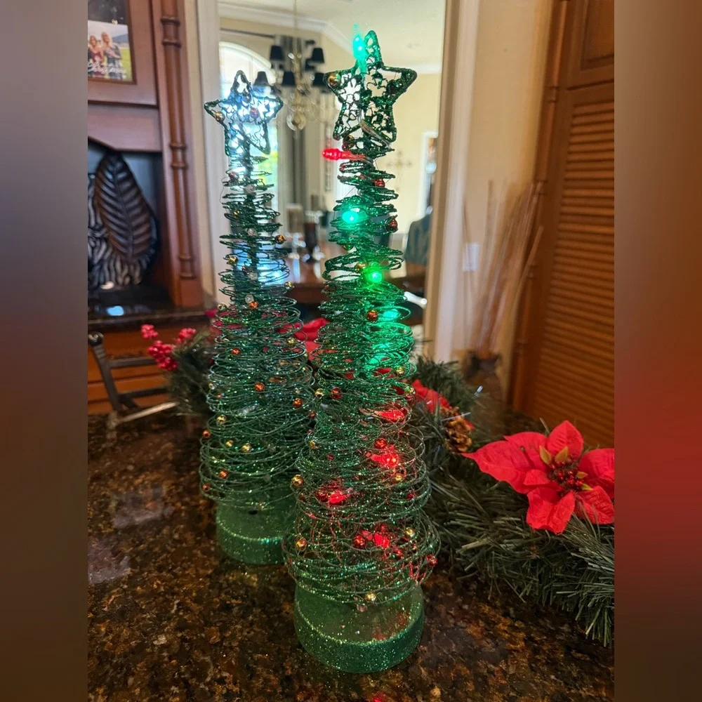 Green Wire Lighted Glittery Christmas Tree Set of 2